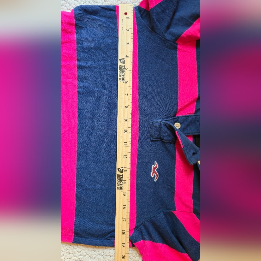 Men's Pink And Navy Striped Slim Fit Hollister Polo Medium - Picture 4 of 5